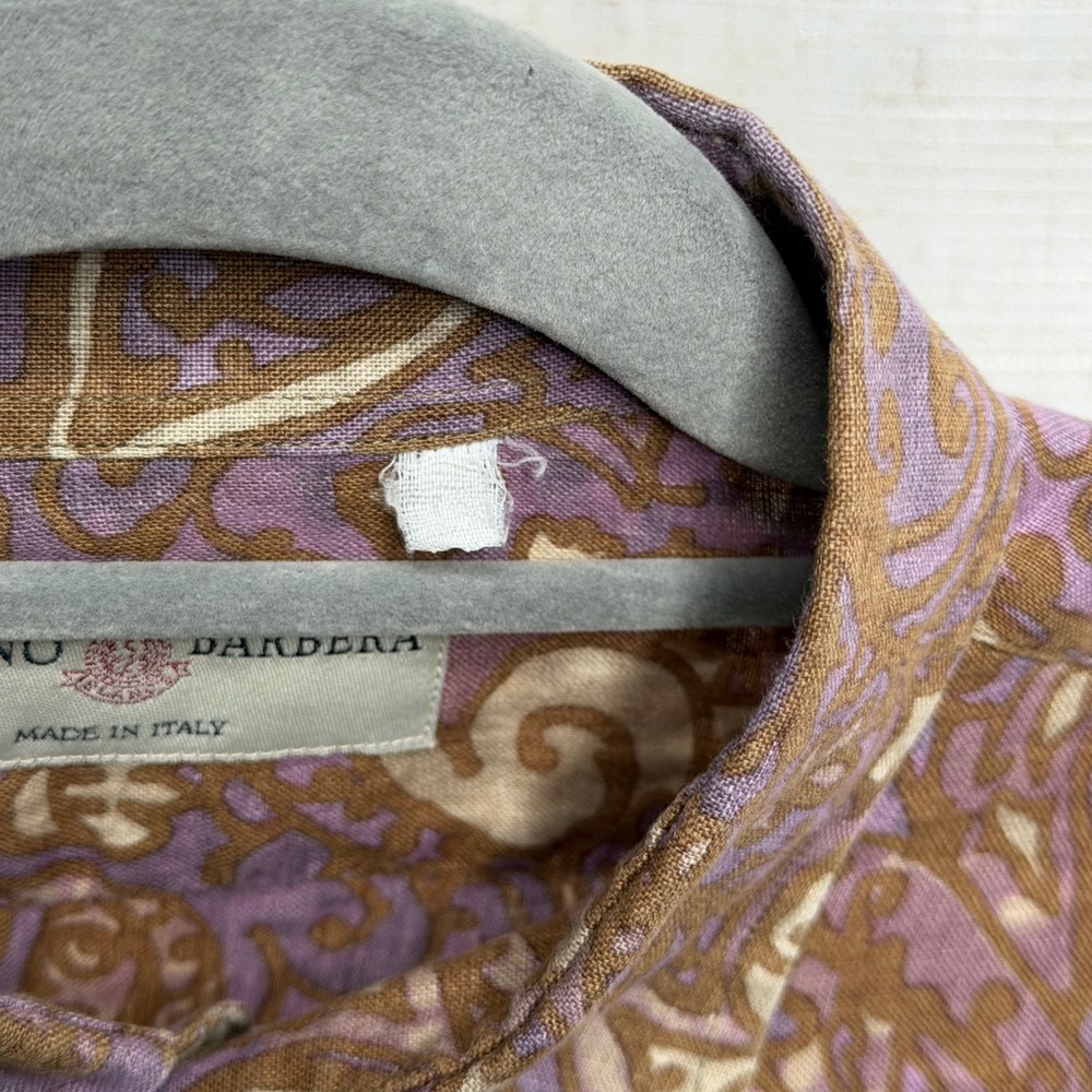 Luciano Barbera 100% Linen Button Down Shirt Purple Brown Paisley Italy LARGE - Picture 9 of 10